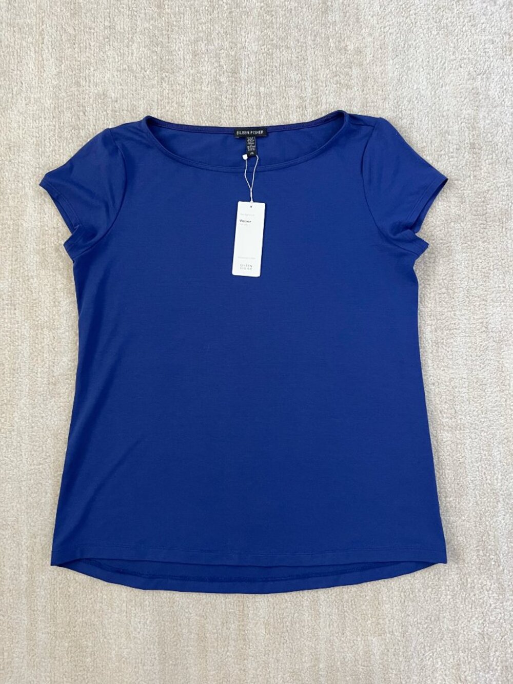 NWT Eileen Fisher Viscose Jersey Blue Short Sleeve Knit Tee Shirt Top L Blue